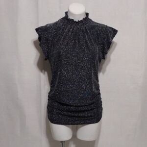 Black Shimmer Ruffle Mock Neck Flutter Sleeve Ruched Stretch Party Top Glam L